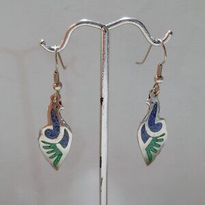Vintage Alpaca Silver Earrings Colorful Blue Green Enamel Dangle Hook Unique